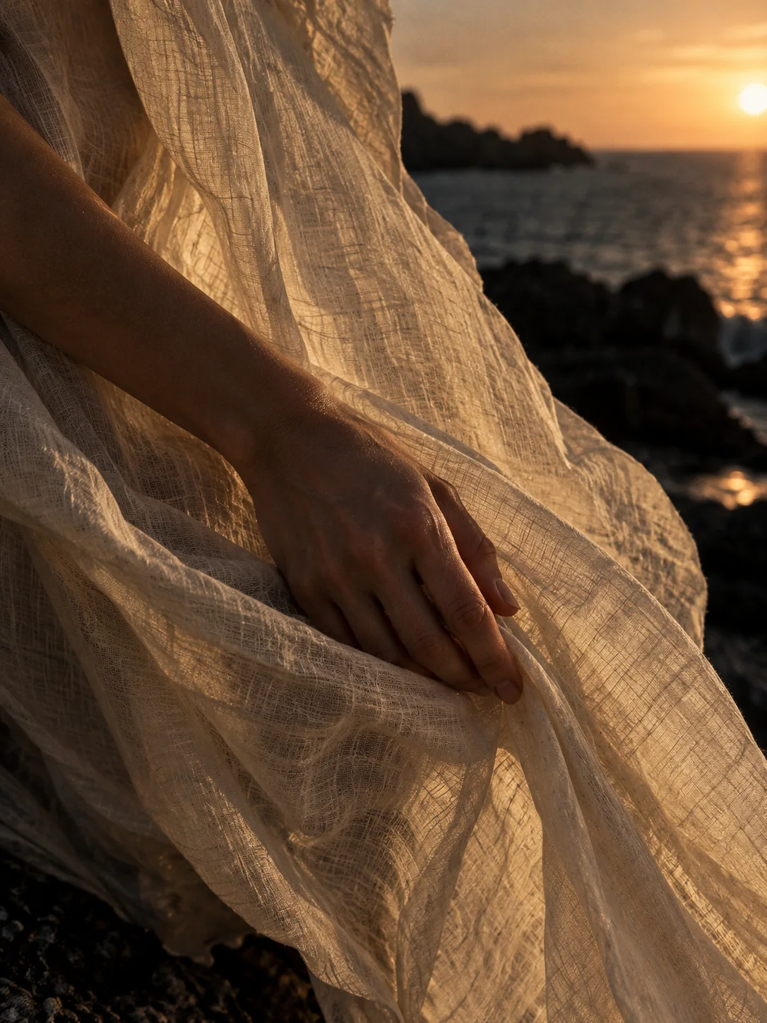 Una mano junto a una tela translúcida iluminada por la luz de la costa.