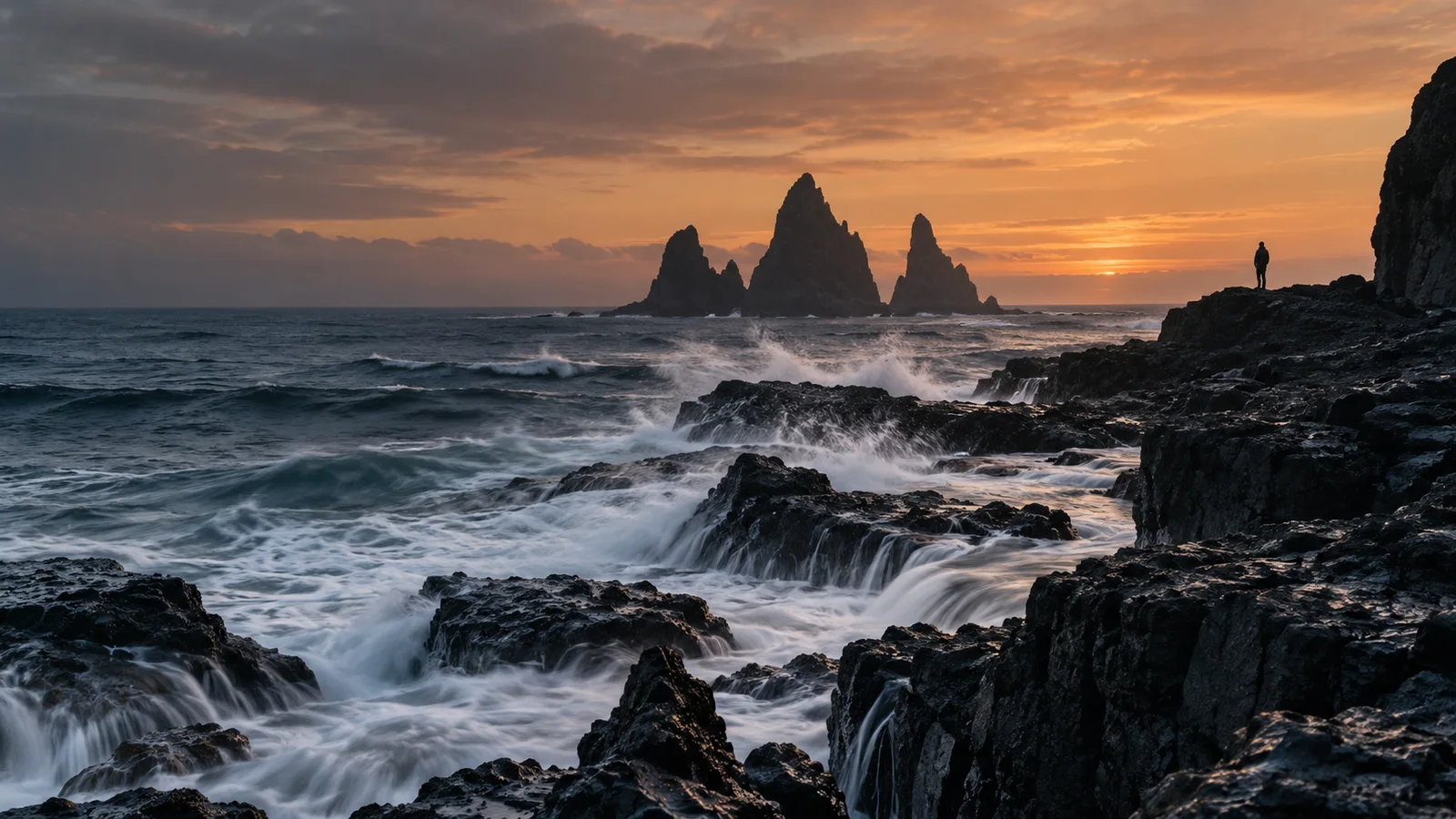 El mar y los acantilados bajo la luz cálida del horizonte.